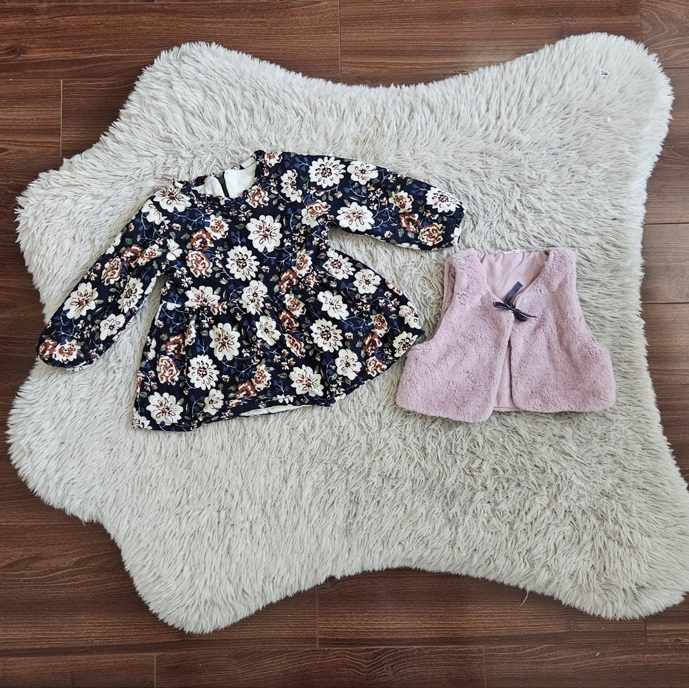 Floral Long Sleeve Dress With Matching Furry Vest For Toddler Girls 24 Months